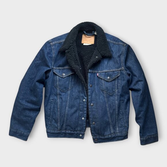 Levi's Premium Dark Wash Denim Sherpa Jacket w/ Black Shearling - men's med - Picture 2 of 6